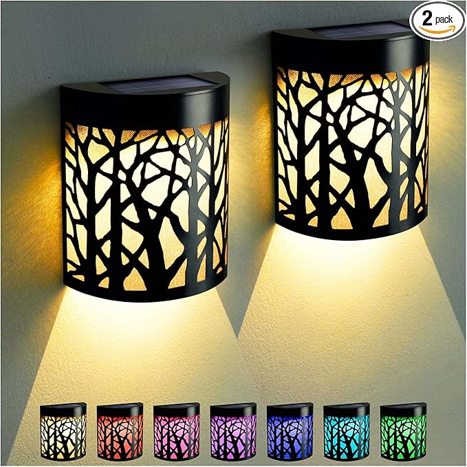 DenicMic Solar Wall Lights Outdoor Wall Sconce Fence Lighting for Patio Front Door Yard Deck Stair Led Forest Decorative Lamps Waterproof Warm White/Color Changing (2 Pack)