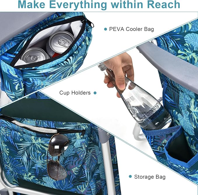GYMAX Beach Chairs Backpack Camping Chair with Armrest Cooler Bag Cup Holder Towel Bar &amp Side Pockets Sunbath Sling Tanning Lounge Folding Layout Chair (4 Chairs Without Table Blue Leaves)