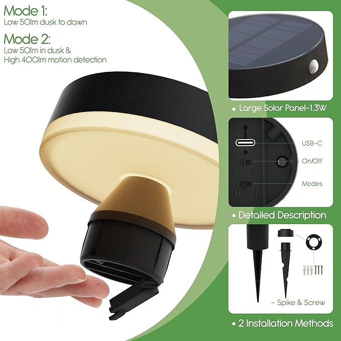 20 Solar Landscape Lights - Outdoor Solar Lights for Yard - PIR Sensor &amp Two Light Modes - 50lm &amp 400lm - Rechargeable Battery Last Up to 55 Hours - 3000K - IP44 Weather Resistant - 2 Pack
