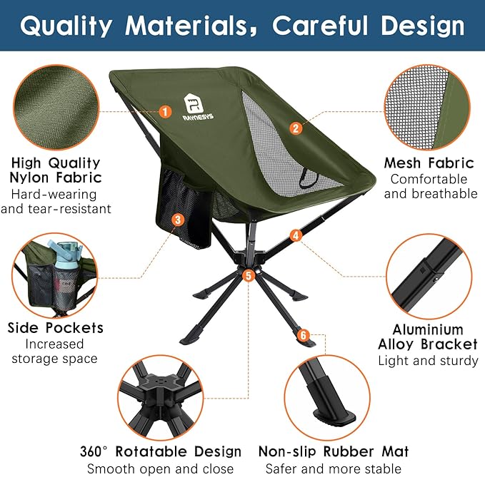 Portable Camping Chair 2 Pack 8 Seconds Quick Setup Folding Camping Chair Flexible 360° Rotation 3.8Lb Lightweight Travel Chairs for Easy Carry to Hiking Sporting Beach Army Green