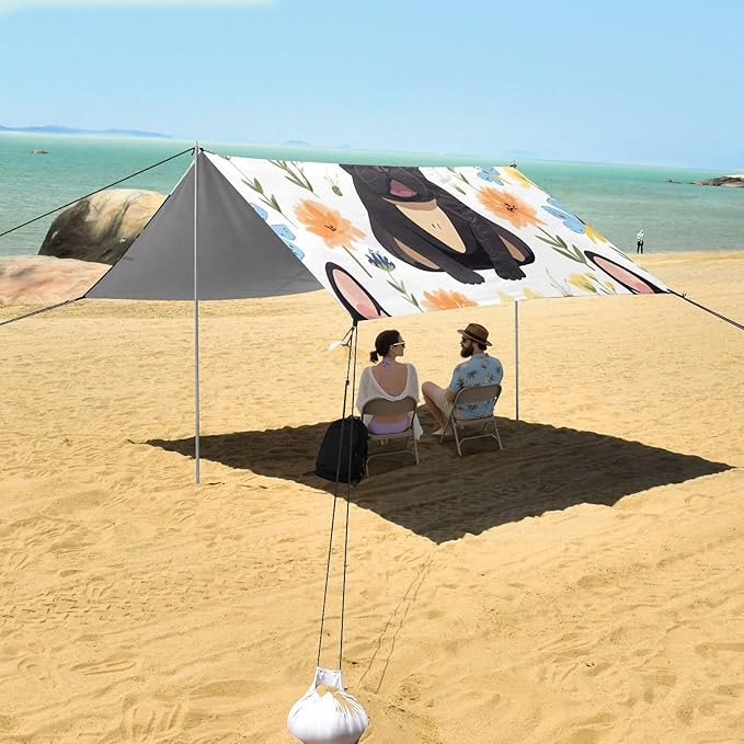 French Bulldog Beach Tent Sun Shelter 9.2' x 10.5' Beach Canopy with 4 Sandbags 4 Stability Poles Sand Shovels - Tent Canopy for Beach Camping Fishing Picnics