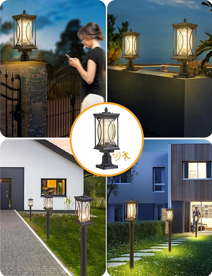 Motion Outdoor Post Lantern Dusk to Dawn Pillar Lamp with 3 Inch Pier Mount Adapter Black Pole Light Aluminum with Crackle Glass Motion Outdoor Post Lights for Patio Yard Garden Pathway