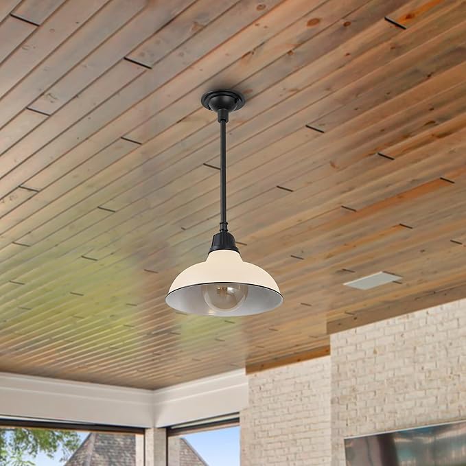 JONATHAN Y 12.25 Matte Almond 1-Light Farmhouse Indoor/Outdoor LED Pendant Iron Hanging Light and Black Metal Shade Rustic Ceiling Lamp for Kitchen Island LED Bulb Included (JYL7611J)