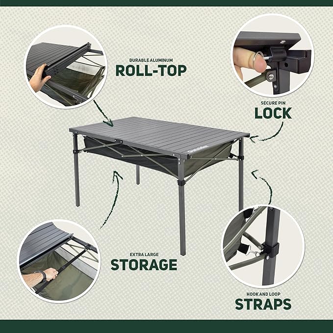OUTSIDER Folding Camping Table Portable Roll-up Outdoor Lightweight Aluminum Camp Table for Picnic BBQ Backyards Beach Large Storage Mesh Pocket and Carrying Bag Included