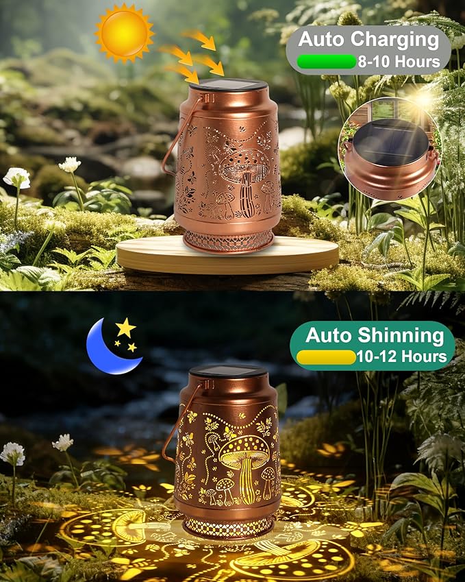 2 Pack Mushroom Solar Lanterns Outdoor Waterproof Garden Decor Birthday Gifts for Women Mom Grandma Sister Metal Hanging Solar Lights Outside Decorative for Backyard Patio Lawn Pathway Landscape