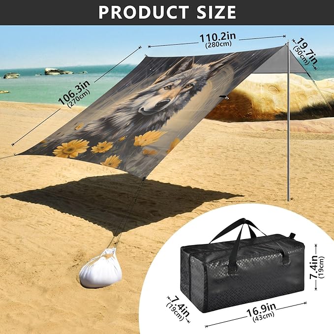 Camping Sun Shelters Wolf with Yellow Flower Beach Canopy 126 * 110.2in