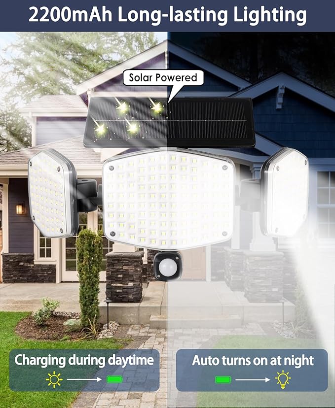 Solar Motion Lights Outdoor with Stake 208 LED 270° Illumination Security Flood Lights for Yrad Garden Pathway 3 Modes IP65 Waterproof In-Ground or Wall Mount
