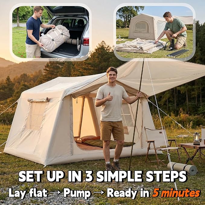 Inflatable Tent with Canopy for Camping 4/6/8 Person Large Family Air Tent 5 Min Easy Setup with Pump 4 Season Waterproof Oxford Camping Tent with Stove Jack &amp AC Port 8x10 FT Beige