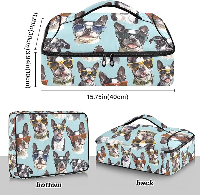 Casserole Carrier Dog Wearing GlassesInsulated Casserole Carrier for Hot or Cold Food Thermal Lunch Tote for Potluck Parties Picnic Beach Fits 9 x 13 Inches Baking Dish