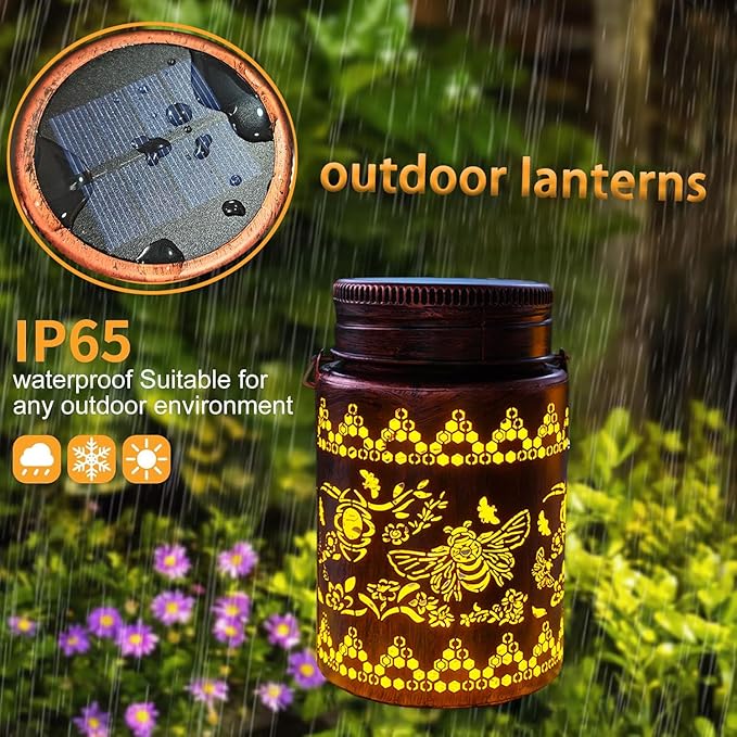 Bee Solar Lanterns 2pack Outdoor Waterproof Hanging Solar Lights Bee Gifts for Women Men Metal Decorative LED Lanterns for Yard Patio Lawn Tabletop Pathway Landscape Garden Decor(Bee 2pack)