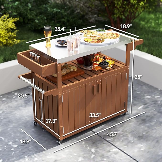 Outdoor Bar Cart with Stainless Steel Top 45.7x18.9x35in HDPE Structure 66lb Load Capacity Storage Cabinet Open Shelf Brown