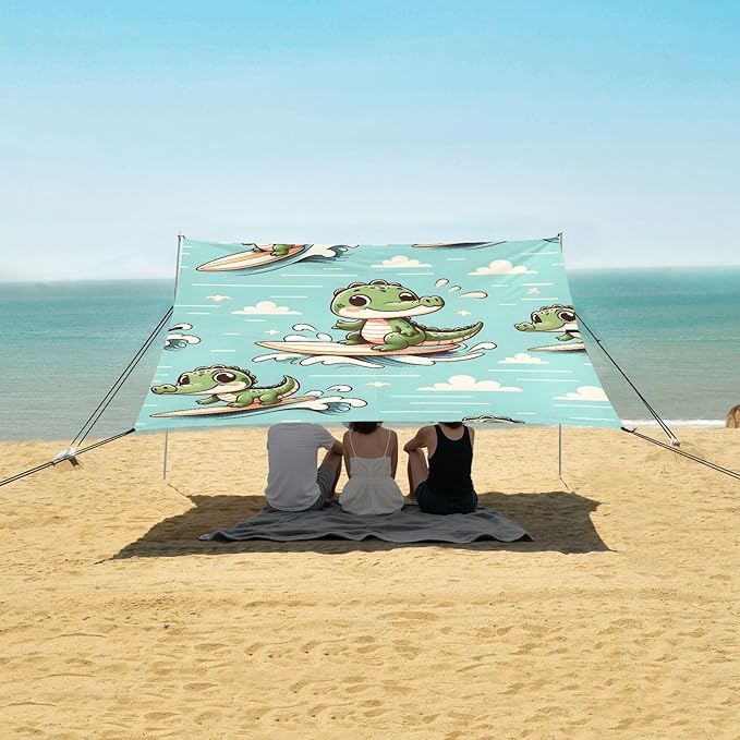 Cute Little Crocodile Surfing Camping Sun Shelter Beach Tent Portable Beach Sun Shade Outdoor Canopy for Camping Trips Fishing Picnic