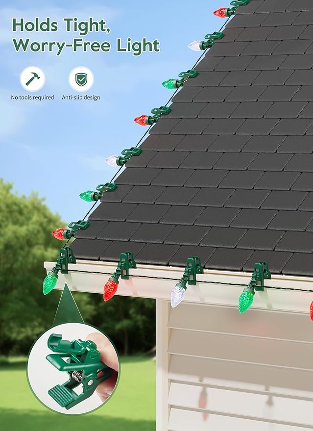 C9 LED Christmas Lights Outdoor 99 Feet 150 LED C9 String Light with 150 Spring Clips Waterproof Connectable Christmas Tree Lights for Outside Roofline Patio Home Xmas Decor Red Green Pure White