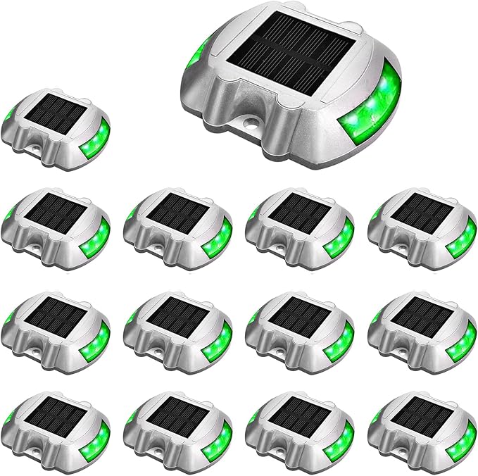 JIGUOOR Solar Deck Lights LED Driveway Lights Solar Powered Dock Light Outdoor IP68 Waterproof Road Markers for Step Sidewalk Stair Boat Garden Ground Pathway Yard (Green 14 Pack)