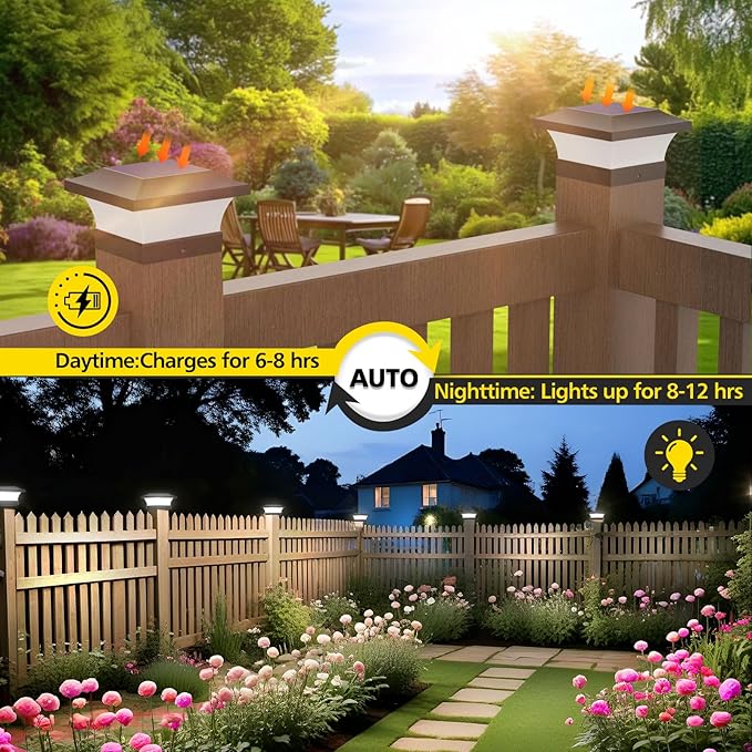 T-SUN Solar Post Lights Outdoor Waterproof Solar Post Cap Lights for 4X4 5X5 6X6 Wooden Posts6000K White LED Lighting Deck Patio Garden Decor or Fence(6 Pack)