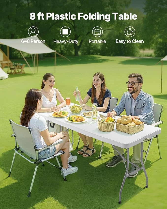 VEVOR Folding Table Heavy Duty Portable Fold-in-Half Utility Table Indoor Outdoor Plastic Rectangle Table with Built in Handle for Party Dining Wedding Events Picnic Camping 8 ft White