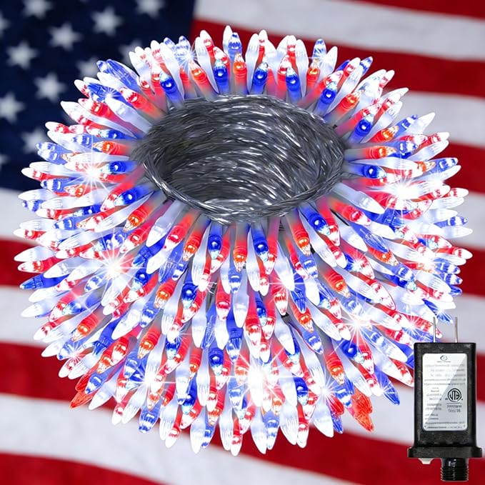 1500 LED 470FT Red White Blue 4th of July Patriotic Decorations String Lights with 12 Modes Timer &amp Dimmable Waterproof for Outdoor Indoor Christmas Holiday Soccer Party Independence Day Deco