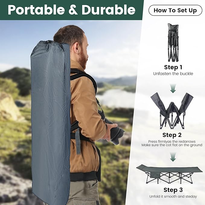 Oversized XXL Folding Camping Cot W/Mattress 75 L x 27.5 W x 14 H Heavy Duty Portable Cot for Adults with Carry Bag – Durable 1200D Oxford Fabric for Camping Travel Home or Office