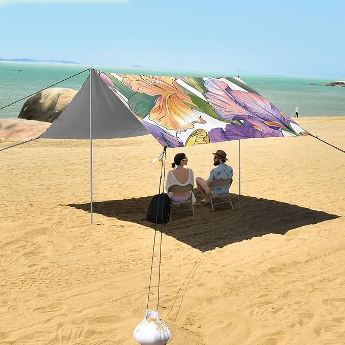 ALAZA Iris Flower Floral Butterfly Beach Tent Sun Shelter UPF50+ Protection Beach Shade Canopy w/ 4 Sandbags for Outdoor Camping Fishing Backyard Fun Picnic 10x9 ft