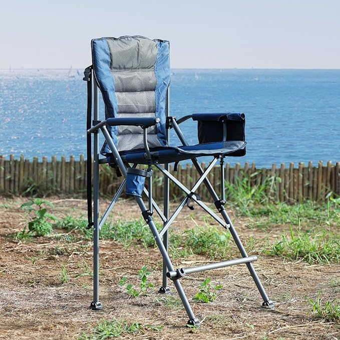 Extra Tall Folding Chairs for Adults 2 Pack Portable Bar Height Foldable Director Chairs for Camping Outside Comfortable with Makeup PocketHigh Back and Footrest Blue and Black
