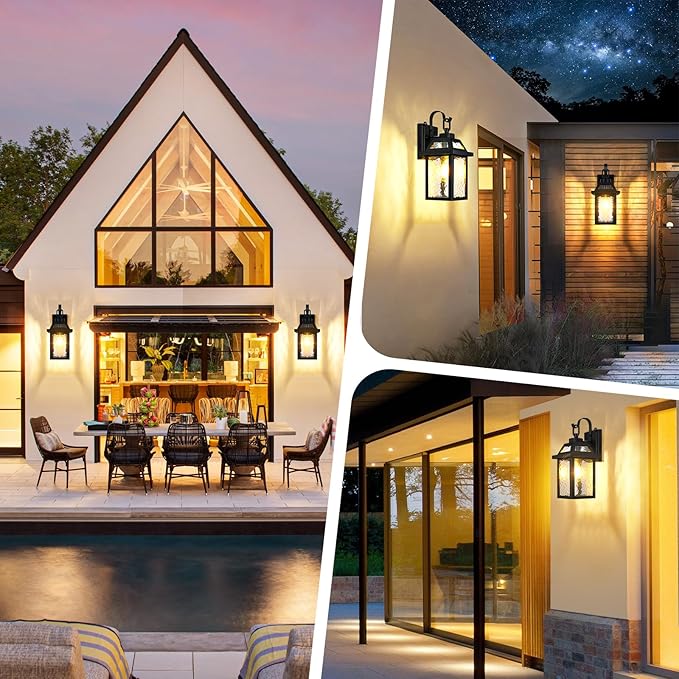 BesLowe Dusk to Dawn Outdoor Wall Lights Exterior Lighting Fixtures Wall Mount Porch Lights Outdoor Wall Sconces with Water Ripple Glass Outside Lights for House Front Door Garage 2-Pack