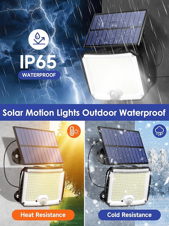 PIKOY Solar Motion Lights Outdoor Waterproof [Upgraded 318LED/33FT/5 Modes] Solar Security LightsRemote+IP65 Solares Lamparas Solares para Exteriores Grandes Sin Sensor De Movimiento 2 Pack