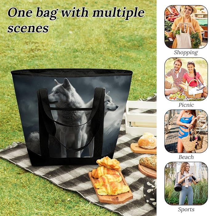 Insulated Shopping BagLarge Reusable Cooler Bags Wolf at Night Printed Foldable Shopping BagTravel Waterproof Shoulder Bag
