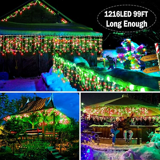 KNONEW 99ft 1216 LED Christmas Lights Outdoor Decorations with 228 Drops 8 Modes Curtain Fairy Light Clear Wire LED String Light Decor for Wedding Party Christmas (Red and Green)
