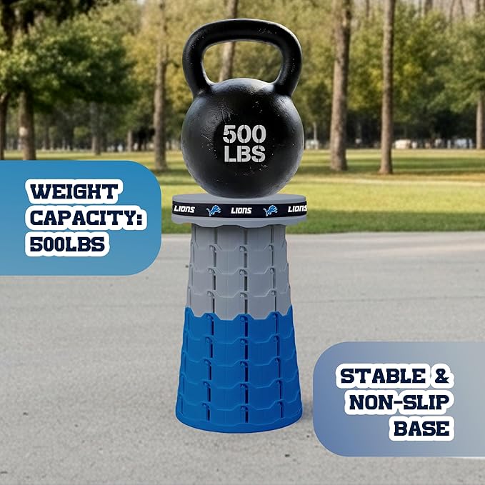 Sporticulture NFL Detroit Lions Telescoping Collapsible Stool 500lbs Max Weight Portable Adjustable Height Folding Camping Stool with Carry Strap Retractable Stadium Have A Seat Outdoor Sports Fan