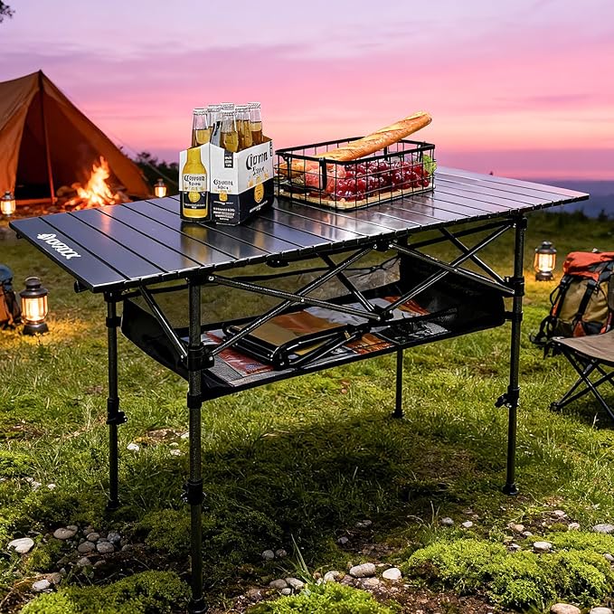 KINGROCK Camping Table Foldable Height Adjustable Aluminum Roll Up Table with Easy Carry Bag for Outdoor Camping Backyard BBQ Beach and Picnic (Black)