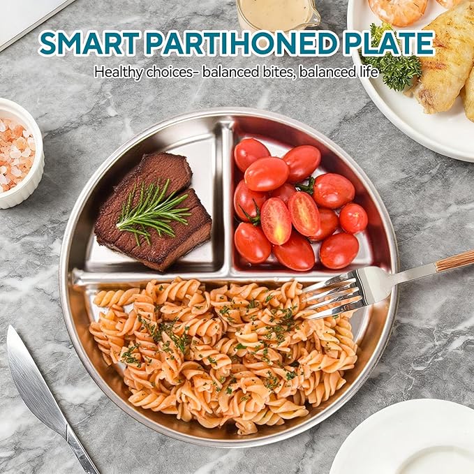6 Pack Stainless Steel Divided Plate 9 Non Slip Portion Control Plates for Adults Kids Balance Lunch Unbreakable Toddler Set Indoor Outdoor for Party Home Silver