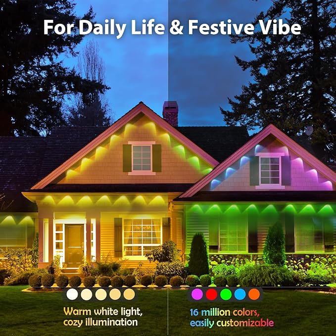 Permanent Outdoor Lights 100ft RGB+IC with 72 Smart AI Eave Lights with Remote APP Control DIY LED Color Individual Christmas Outdoor Light Party Compatible with Alexa Google Assistant