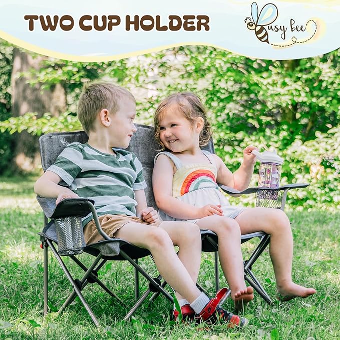 Busy Bee Kids Camping Chair 30.3 Wide Loveseat Perfect Child Couch for Home Movie Nights Patios or Picnics Adjustable Arms Cup Holders and Anti-Collapse Lock Supports up to 300 Lbs.