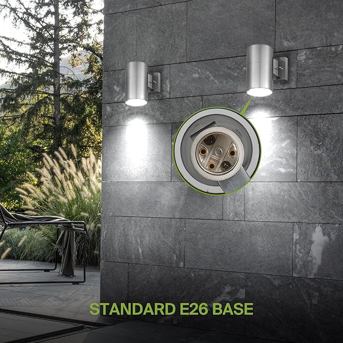 ASD 1 Light Outdoor Wall Light Fixture | 60W E26 Socket 120V ETL Cylinder Up Down Lights | LED/CFL/Incandescent Bulb Exterior Wall Sconce | Front Door Porch Patio Lighting | Stainless Steel