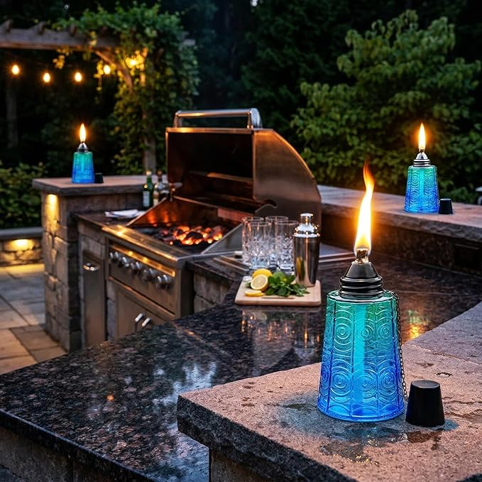Seraphic Citronella Table Top Torches for Outdoor Patio 16oz Decorative Glass Torch Citronella Candles for Outside Deck Garden Parties Set of 3 Tropical Blue