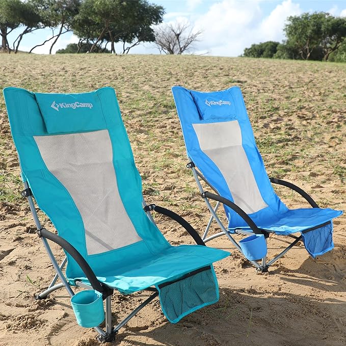 KingCamp Folding Beach Tall Sling Chair Set of 2 Compact Beach Chair with Armrests and Breathable Mesh Back Portable 2 Set Blue
