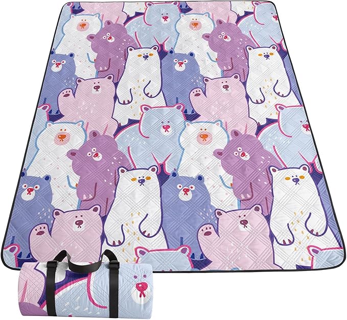 Outdoor Picnic BlanketPortable Sandproof Waterproof Picnic MatCartoon Bears Printed Camping Beach Mat for Sand and Wet Grass Hiking (Cartoon Bears L)