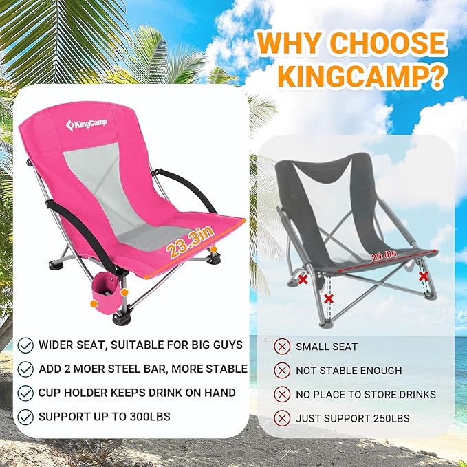 KingCamp Low Beach Chair Folding Portable Lightweight Backpack Chair for Adults with Cup Holder Pocket Carry Bag for Outdoor Camping Concert Festival Travel Sports Lawn Sand Rose