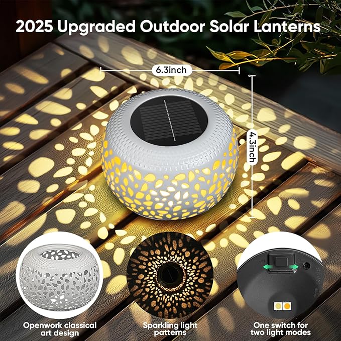 Solar Lanterns Outdoor Waterproof: 4 Pack White Hollow Out Metal Solar Lights - 2 Lighting Colors Outside Patio Garden Yard Porch Indoor Tabletop Decorations - Unique Gifts for Women Mom Wife