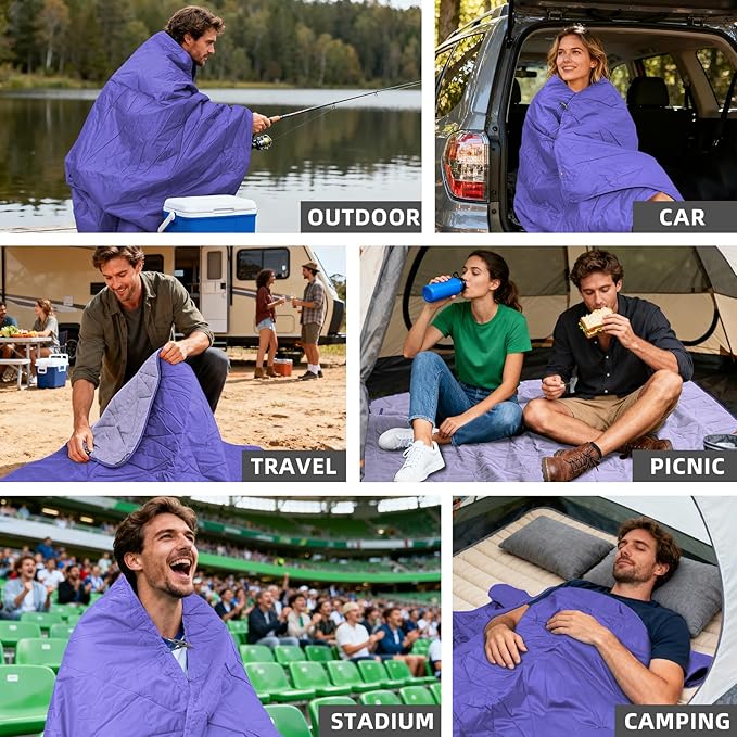 Large Outdoor Waterproof Blanket Extra Thick Fleece Stadium Blanket for Camping Car Pet Picnics - Windproof Wearable Machine Washable 80 x 58 (Blue Purple)