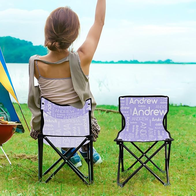 Sinestour Lilac Custom Folding Camping Chair for Teen Child Personalized Name 14.6×14.6in Portable Outdoor Chair with Carry Bag for Picnic Barbeques Beach