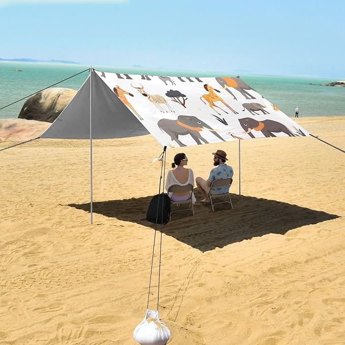 Lion Elephant Camping Sun Shelter Beach Tent Portable Beach Sun Shade Outdoor Canopy for Camping Trips Fishing Picnic