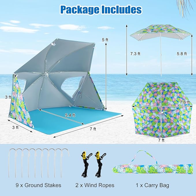 Goplus Convertible Beach Tent for 2-4 People 2-in-1 Sun Umbrella with Roll-Up Windows Dual Side Flaps Groundsheet &amp Carry Bag UPF 50+ Beach Shade Shelter for Camping Picnic &amp Sports Event