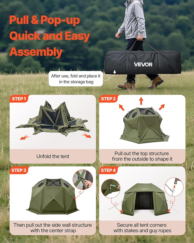 VEVOR Pop up Gazebo Screen Tent 13 x 13 ft 13-Sided Spherical Camping Canopy Tent with Removable Top &amp Carry Bag Quick-Set &amp Bite-Proof Screen House Sun Shelter for 10-12 Persons Green