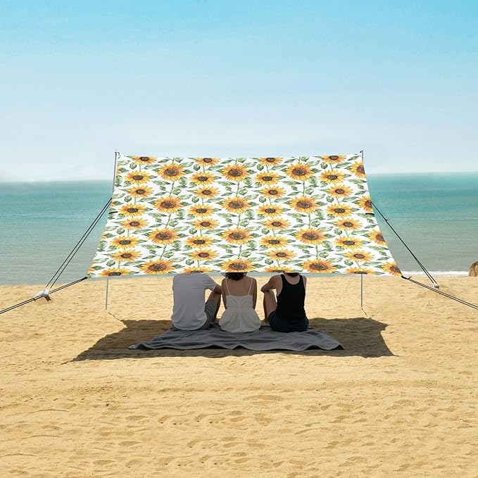 ALAZA Sunflowers Watercolour Beach Tent Sun Shelter UPF50+ Protection Beach Shade Canopy w/ 4 Sandbags for Outdoor Camping Fishing Backyard Fun Picnic 10x9 ft