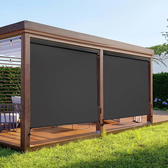 Outdoor Roller Shade with Aluminum Valance (10'W X 8'H) 420GSM New Material Patio Shade with 95% UV Blockout Outdoor Blinds with Crank Handle for Shading Privacy Protection Black