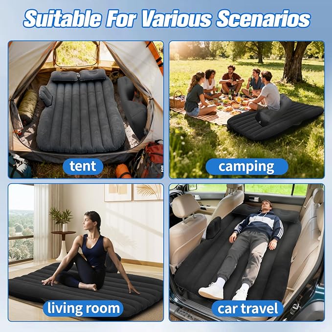 Inflatable Car Air Mattress Back Seat Bed with Air Pump55 x 35 Portable Thickened Car Travel Camping Sleeping Air Mattress Blow Up Bed for Car Universal SUV