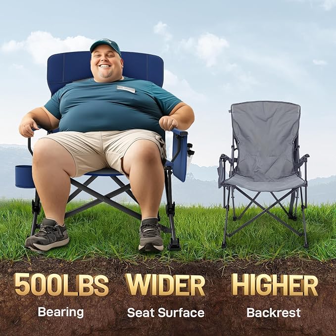 EVER ADVANCED Oversized Folding Camping Chair for Adults Heavy Duty Lawn Chair with Side Pockets Portable Collapsible Quad Chair for Outside Support Up to 500lbs Blue