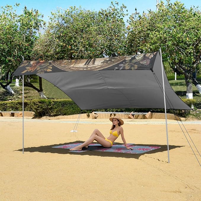 Lily Valley Clock Beach Tent Sun Shelter 9.2' x 10.5' Beach Canopy with 4 Sandbags 4 Stability Poles Sand Shovels - Tent Canopy for Beach Camping Fishing Picnics
