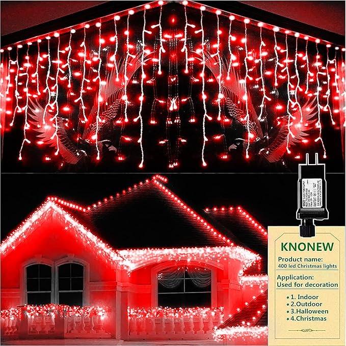 KNONEW Christmas Lights Outdoor Decorations 400 LED 33ft 8 Modes Curtain Fairy String Light with 75 Drops Clear Wire LED Hanging Light Decor for Wedding Party Holiday Christmas Decorations (Red)